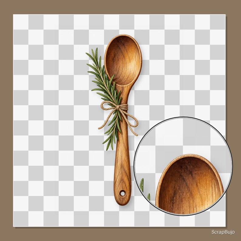 May include: A wooden spoon with a visible grain pattern, tied with a thin brown twine bow around a sprig of fresh green rosemary. A circular inset shows a magnified view of the spoon's bowl, highlighting the dark brown wood texture and grain.