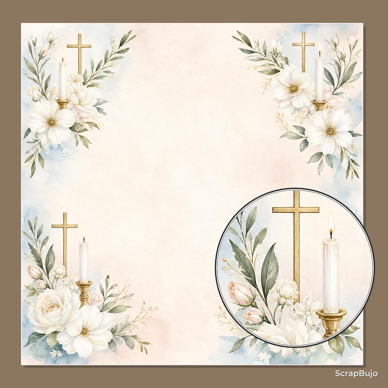 Akvarell dop, första nattvard, scrapbookpapper, religiösa blommiga duvljusdesigner (12x12 JPG) bild 12
