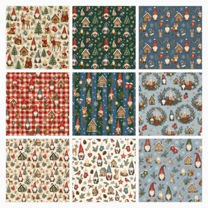 Puede incluir: Una colecci&oacute;n de nueve patrones de papel digital con ilustraciones repetitivas de gnomos, animales del bosque, casitas, pinos y motivos invernales sobre fondos de diversos colores, incluyendo rojo, verde, azul y crema.