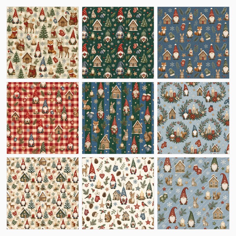 Puede incluir: Una colecci&oacute;n de nueve patrones de papel digital con ilustraciones repetitivas de gnomos, animales del bosque, casitas, pinos y motivos invernales sobre fondos de diversos colores, incluyendo rojo, verde, azul y crema.