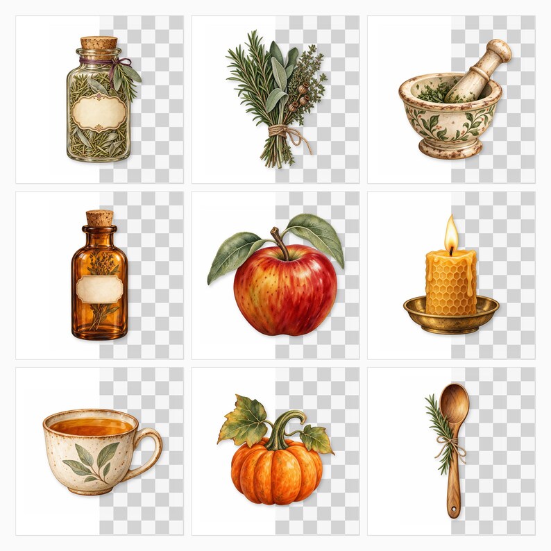 May include: A collection of nine illustrations featuring a glass jar with herbs, a bundle of fresh herbs, a mortar and pestle, an amber glass bottle, a red apple with leaves, a honeycomb candle, a ceramic teacup, a pumpkin, and a wooden spoon.