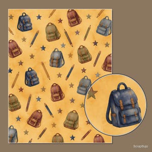 May include: A repeating pattern on a yellow background featuring watercolor illustrations of backpacks in blue, green, and maroon, interspersed with pencils and stars. A circular inset highlights a single blue backpack with brown straps.