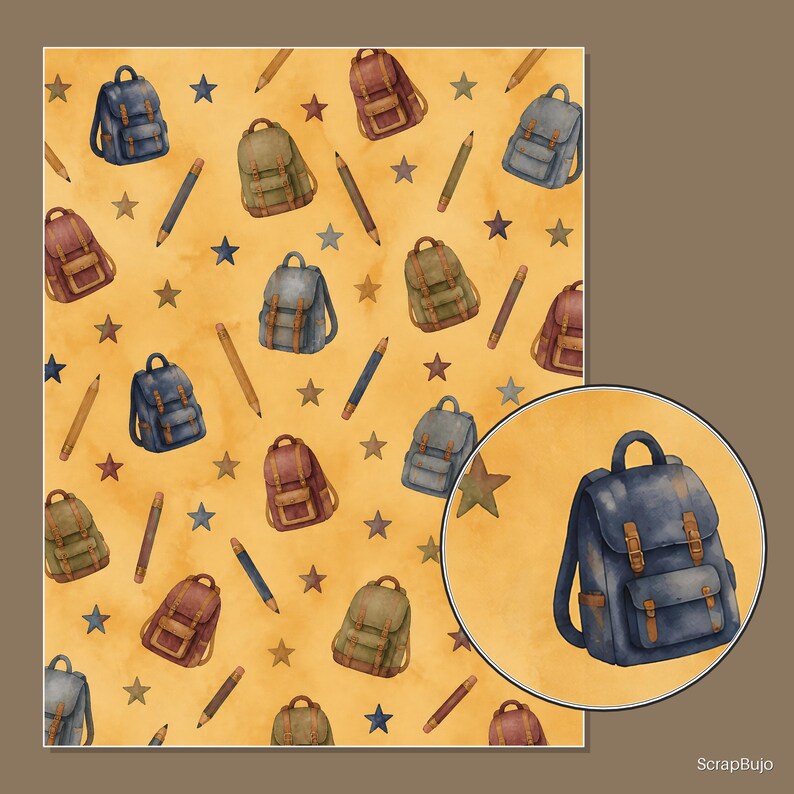 May include: A repeating pattern on a yellow background featuring watercolor illustrations of backpacks in blue, green, and maroon, interspersed with pencils and stars. A circular inset highlights a single blue backpack with brown straps.