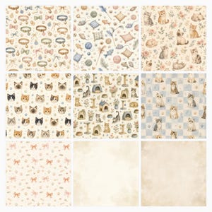 Cozy Watercolor Cat Digital Paper Pack, Kitten Scrapbook Papers, Paw Print Backgrounds (Digital Download) preview 5