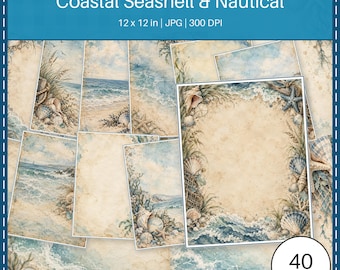 Carta per scrapbooking a tema marino e con conchiglie / 40 fogli formato US Letter
