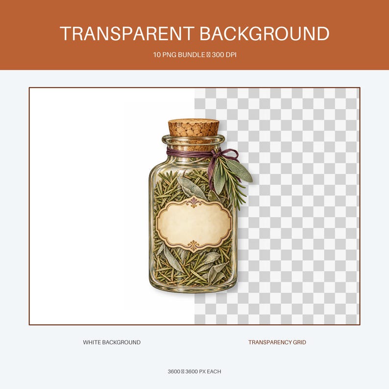 May include: A clear glass jar filled with green rosemary sprigs, sealed with a cork stopper. A dark purple string ties a small bundle of rosemary to the neck. An empty, ornate, cream-colored paper label is centered on the front of the glass jar.