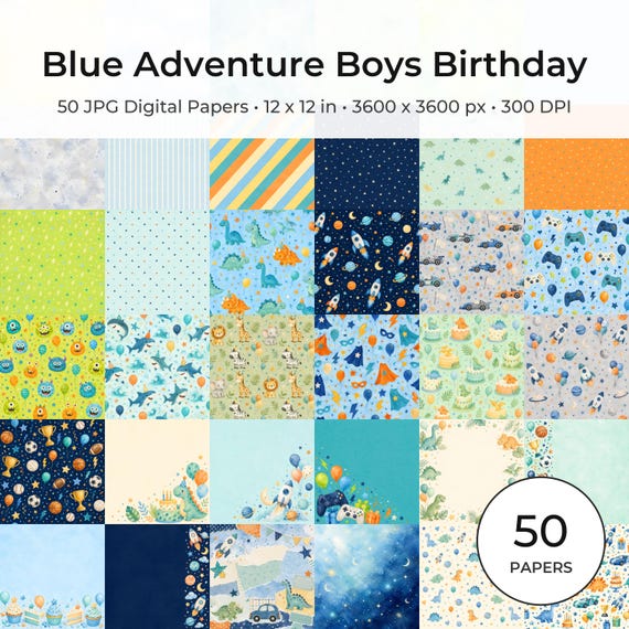 Boys Birthday Digital Paper Pack, Dinosaurs, Rockets, Cars, Sports (Digital Download)
