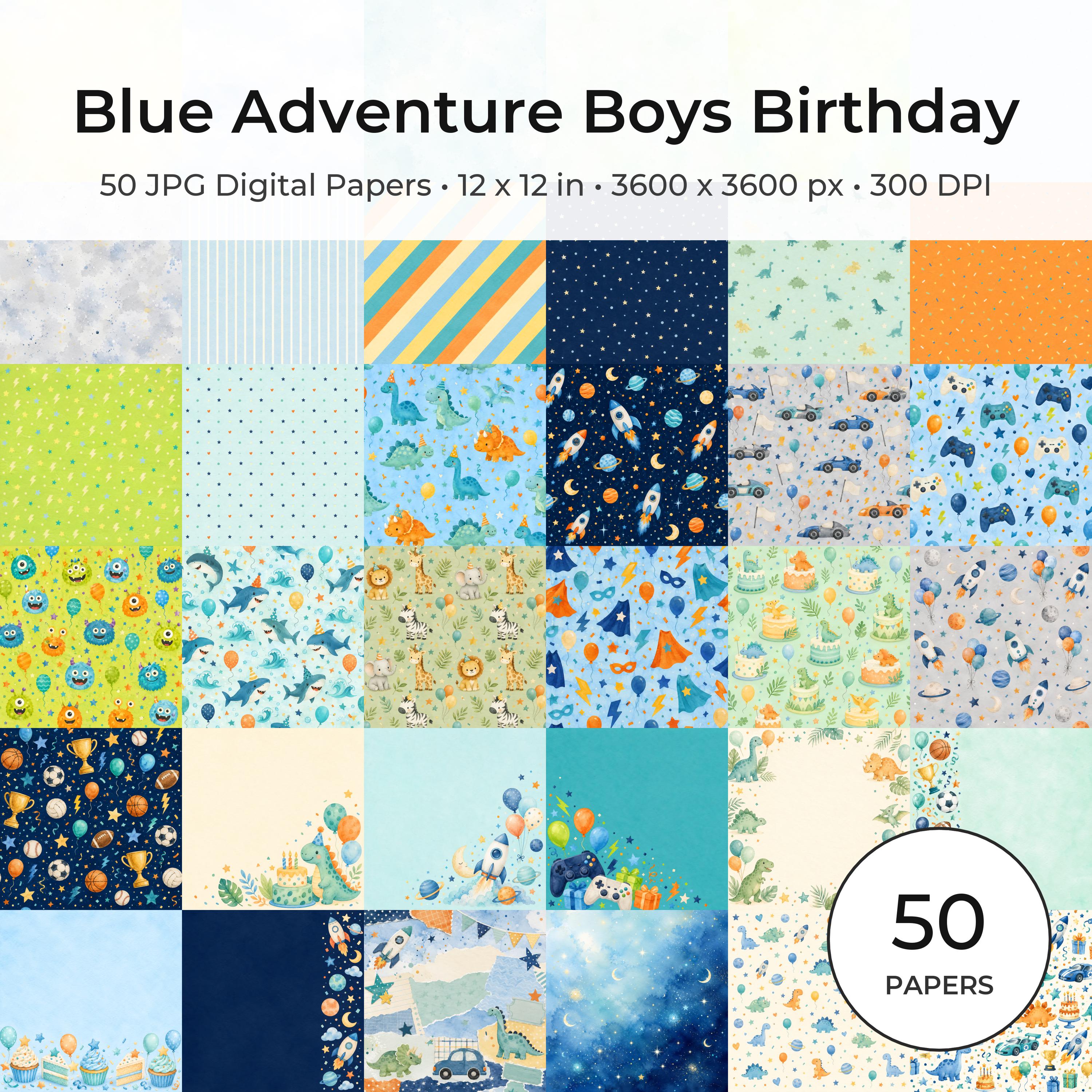 Boys Birthday Digital Paper Pack, Dinosaurs, Rockets, Cars, Sports