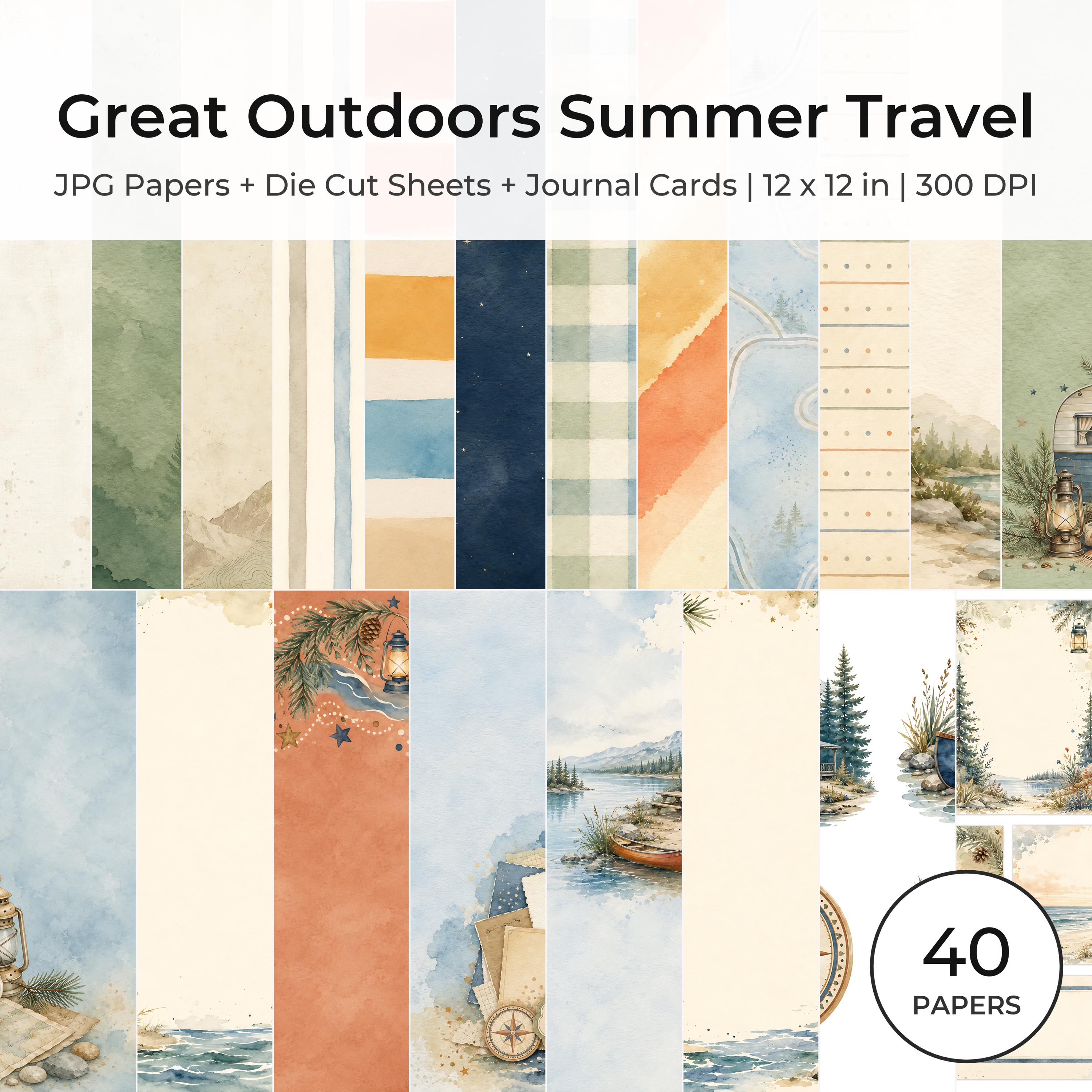 Summer Camping Scrapbook Papers, Watercolor RV Road Trip, Lake Beach Journal Cards (Digital Download) actual digital paper preview
