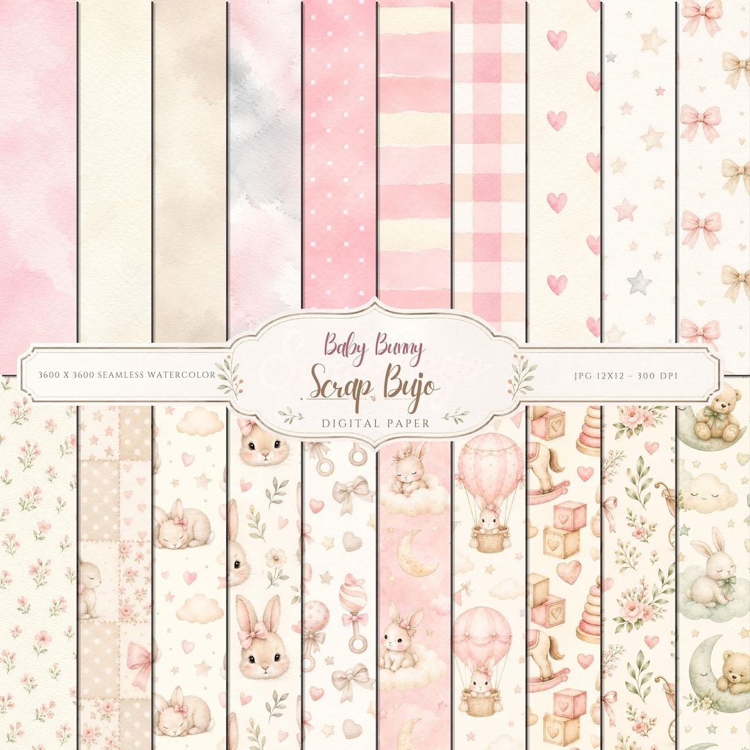 Baby Bunny Watercolor Digital Paper Pack, Pink Nursery Scrapbook Pages (Digital Download)