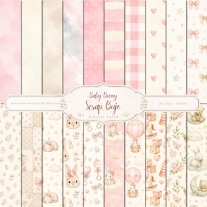 May include: Digital scrapbook papers with a baby theme. The papers feature watercolor designs in pink, beige, and white, with patterns including polka dots, gingham, hearts, stars, and bunny illustrations. The text "Baby Bunny Scrap Bujo" is visible.