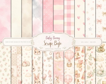 Pack de papier numérique aquarelle bébé lapin, pages de scrapbooking pour chambre d'enfant roses (téléchargement numérique)