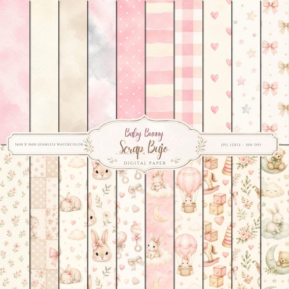 Baby Bunny Watercolor Digital Paper Pack, Pink Nursery Scrapbook Pages (Digital Download)