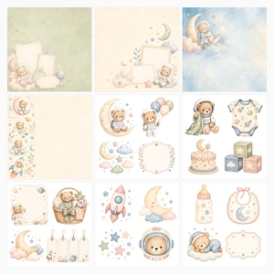 Baby Bear Astronaut Watercolor Papers, Nursery Space Theme (Digital Download) preview 6