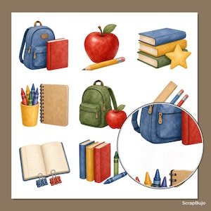 Op de afbeelding: Een verzameling aquarelillustraties met een schoolthema, waaronder blauwe en groene rugzakken, rode appels, stapels boeken, een geel potlood, een gele beker met kleurpotloden, spiraalblokken, een open notitieboek en een vergrootglas.
