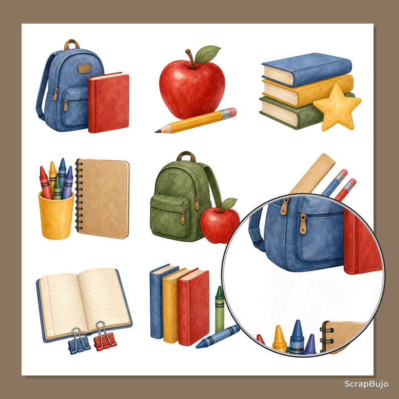 Op de afbeelding: Een verzameling aquarelillustraties met een schoolthema, waaronder blauwe en groene rugzakken, rode appels, stapels boeken, een geel potlood, een gele beker met kleurpotloden, spiraalblokken, een open notitieboek en een vergrootglas.