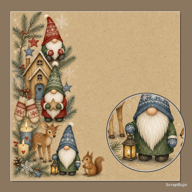 Puede incluir: Una hoja de papel decorativa con gnomos navide&ntilde;os, una peque&ntilde;a casa de madera, un ciervo y una ardilla entre ramas de pino, copos de nieve y velas. Un recuadro circular muestra a un gnomo con un farol. El texto ScrapBujo aparece en la parte inferior.