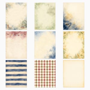May include: A collection of nine rectangular stationery sheets featuring various watercolor designs, including books, backpacks, coffee cups, bunting, foliage, blue horizontal stripes, a red and green plaid pattern, and a light grid background.