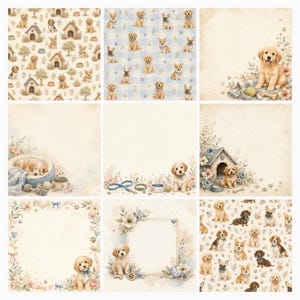 Puppy Love Dog Digital Papers, Watercolor Puppy Patterns (12×12 Inch JPG) preview 4
