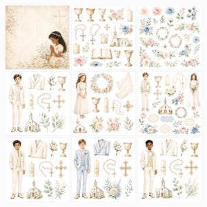 First Communion Watercolor Digital Paper Pack, Religious Scrapbook Pages (Digital Download) preview 2