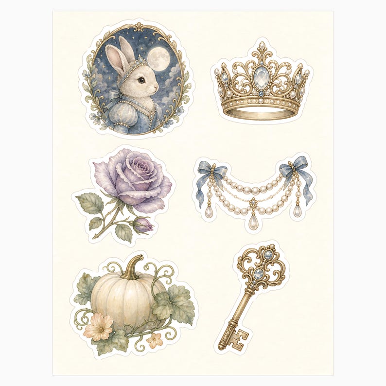 Peut inclure: Une planche d'autocollants pr&eacute;sentant six illustrations distinctes : un lapin en robe bleue dans un cadre ovale, une couronne dor&eacute;e avec des pierres claires, une rose lavande, une guirlande de perles avec des n&oelig;uds bleus, une citrouille blanche et une cl&eacute; dor&eacute;e.