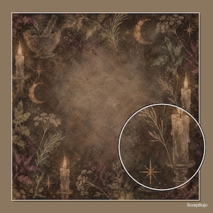May include: A square digital background featuring a dark brown, textured surface decorated with illustrations of lit candles, crescent moons, stars, herbs, and a mortar and pestle. A circular inset shows a magnified view of a candle and foliage.