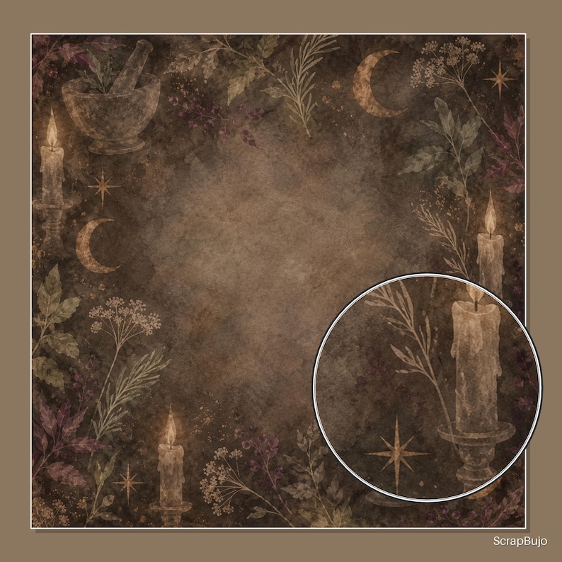 May include: A square digital background featuring a dark brown, textured surface decorated with illustrations of lit candles, crescent moons, stars, herbs, and a mortar and pestle. A circular inset shows a magnified view of a candle and foliage.