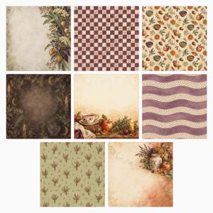 May include: A collection of eight decorative paper sheets featuring various patterns including botanical arrangements, a purple and white checkerboard, autumn fruits, a dark celestial scene with candles, a tea setting, and wavy lines.