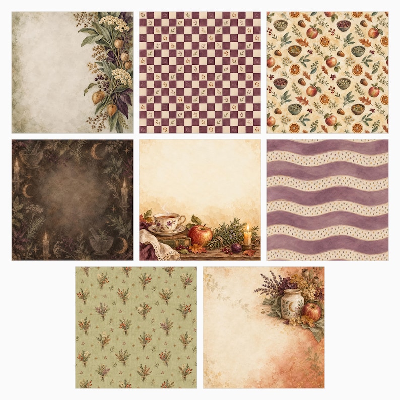 May include: A collection of eight decorative paper sheets featuring various patterns including botanical arrangements, a purple and white checkerboard, autumn fruits, a dark celestial scene with candles, a tea setting, and wavy lines.