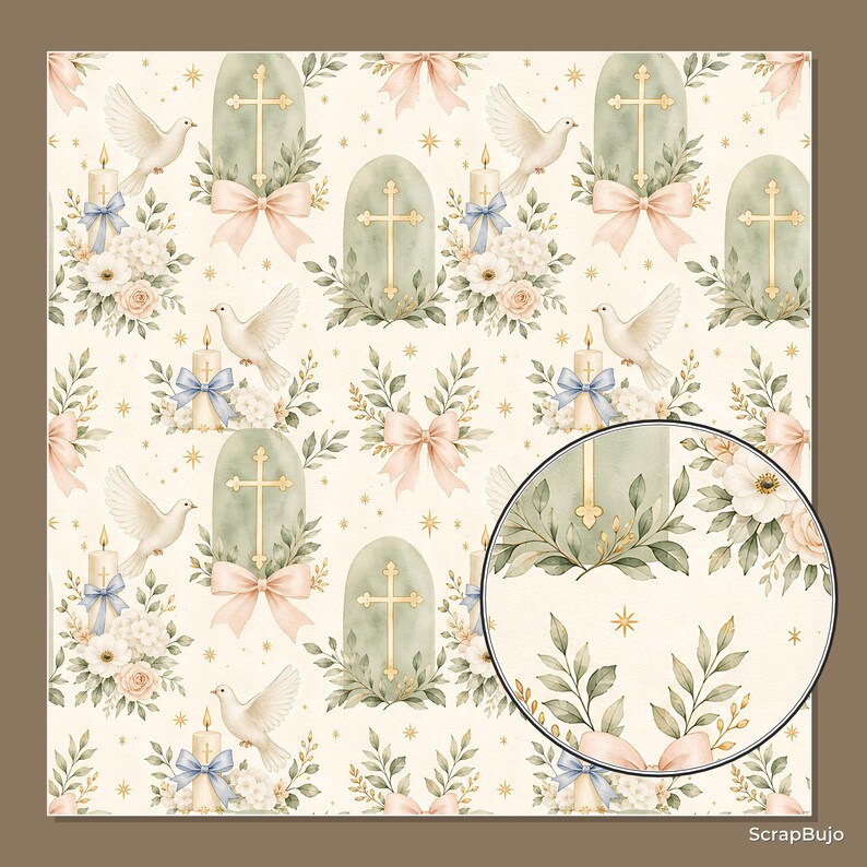 Akvarell dop, första nattvard, scrapbookpapper, religiösa blommiga duvljusdesigner (12x12 JPG) bild 13