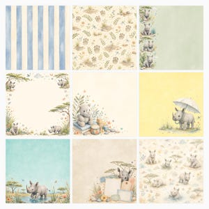 Baby Rhino Safari Digital Paper Bundle, 28 JPG Jungle Nursery Papers, Rhino Die Cut Sheets, Baby Shower Scrapbook 12×12 preview 4