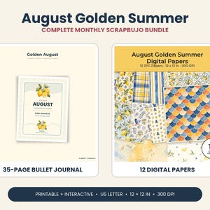 May include: August Golden Summer complete monthly scrapbujo bundle featuring a 35-page bullet journal kit with lemon illustrations and 12 digital papers with 12 x 12 inch dimensions at 300 DPI. The set includes printable and interactive US letter files.