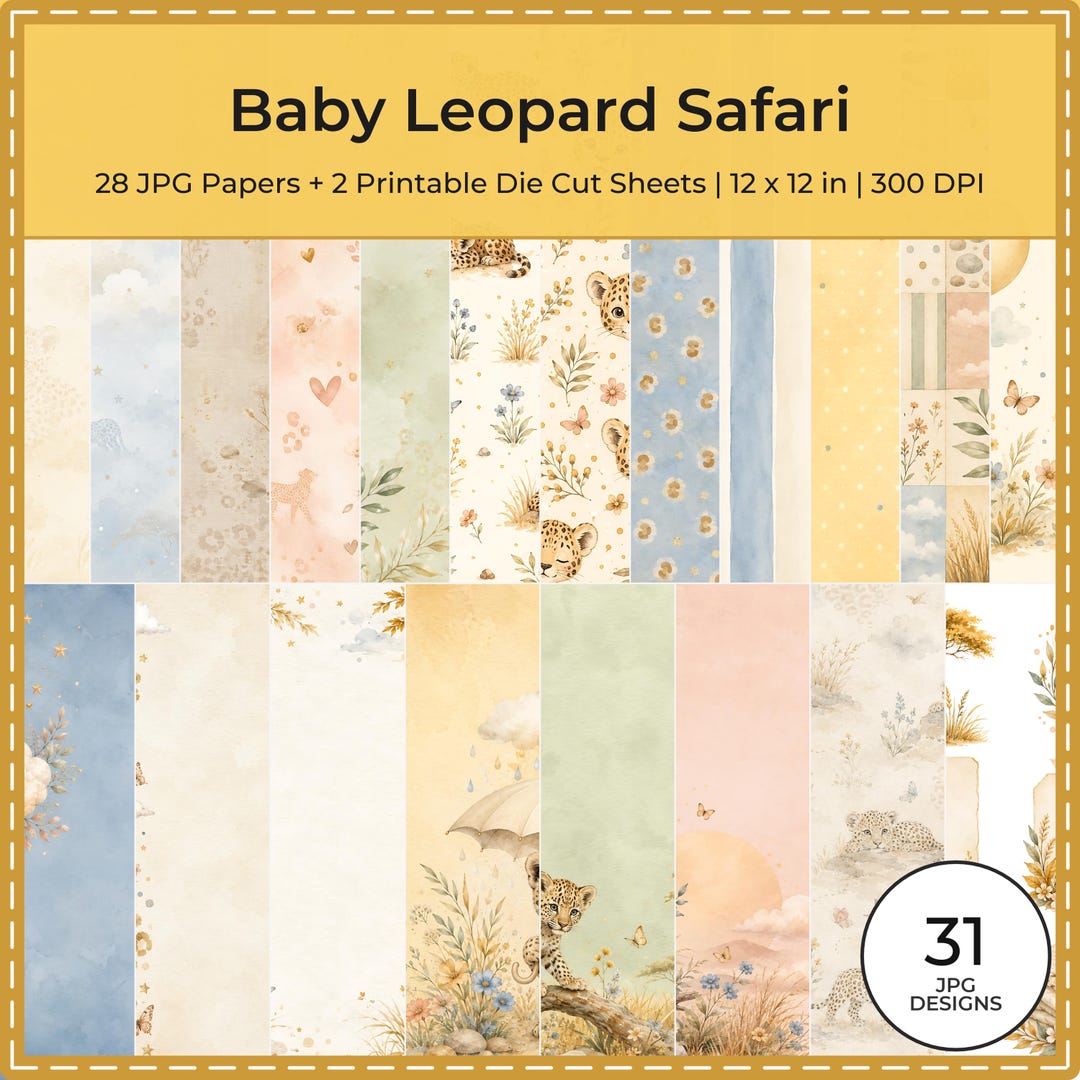 Baby Leopard Safari Watercolor Papers, Die Cut Sheets (Digital Download)