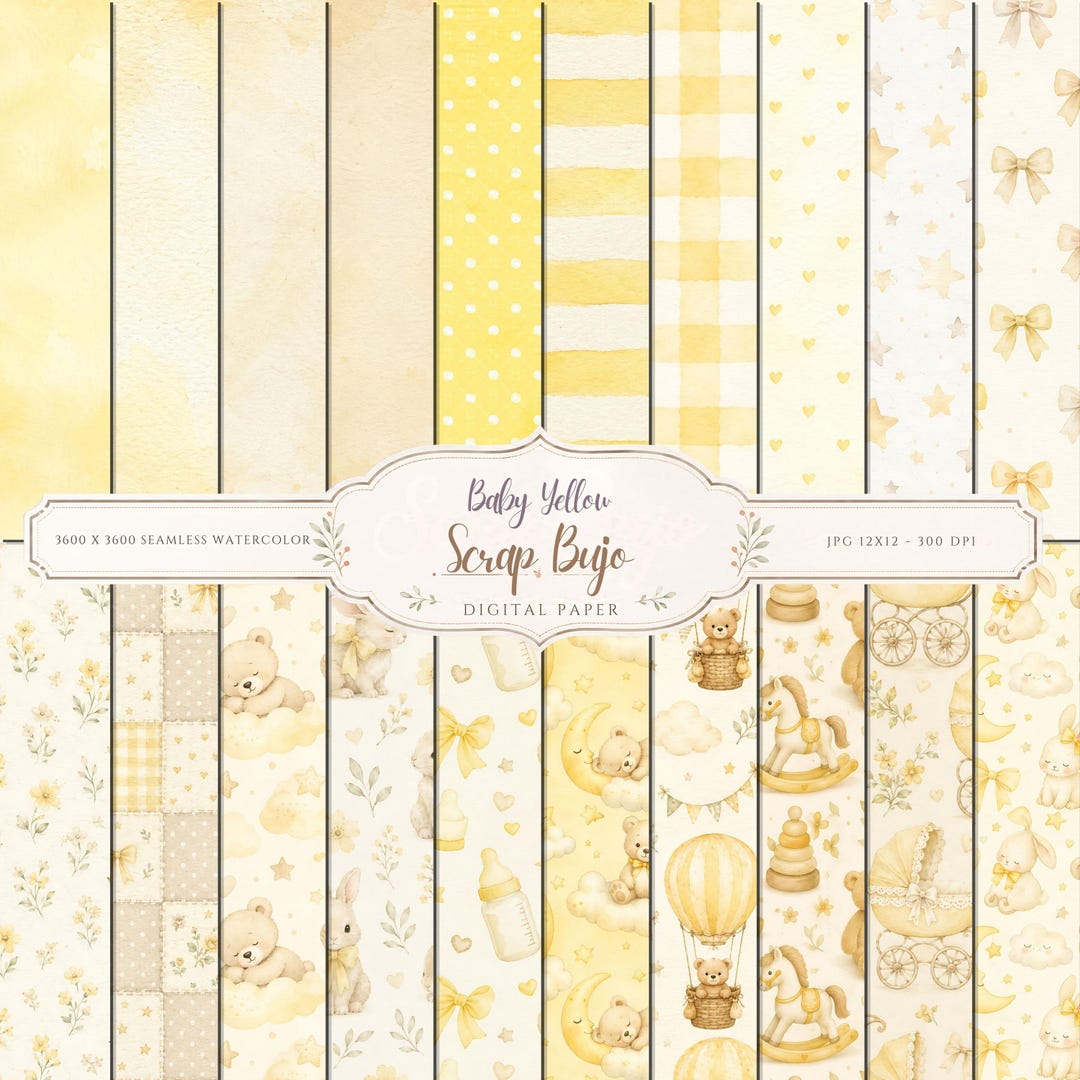 Baby Yellow Watercolor Nursery Digital Paper Pack, Teddy Bear Bunny Clipart (Digital Download)