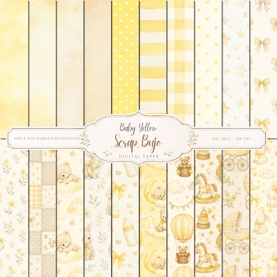 Baby Yellow Watercolor Nursery Digital Paper Pack, Teddy Bear Bunny Clipart (Digital Download)