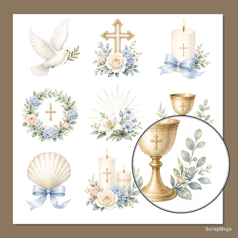 Akvarell dop, första nattvard, scrapbookpapper, religiösa blommiga duvljusdesigner (12x12 JPG) bild 16