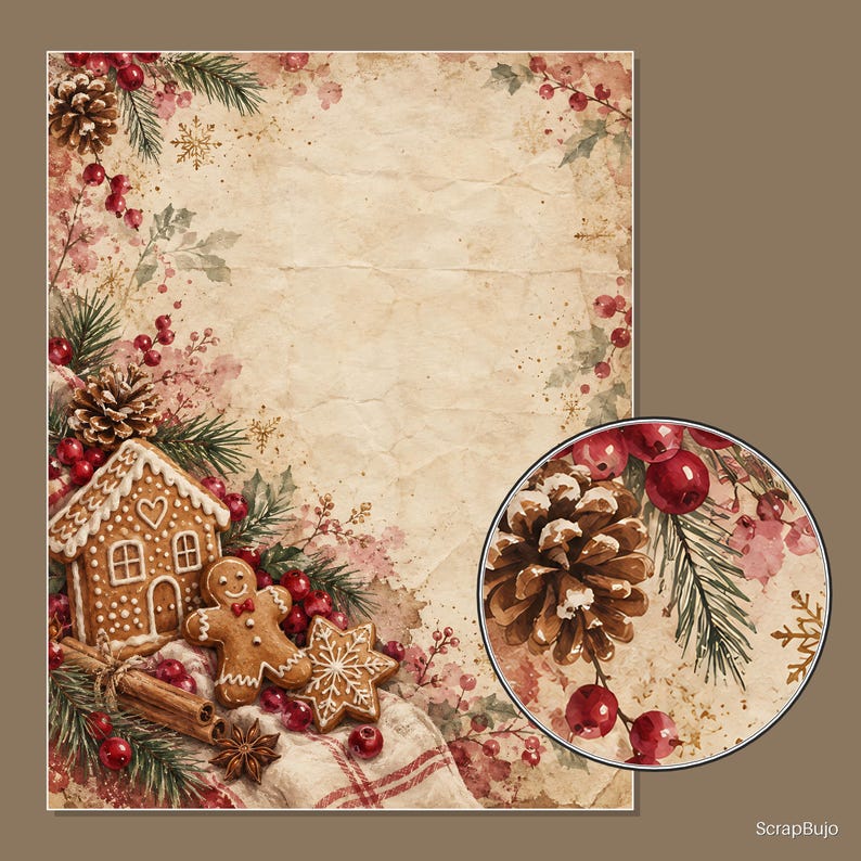 Puede incluir: Una hoja de papel rectangular con textura vintage y arrugada que presenta un borde de ramas de pino, pi&ntilde;as, bayas rojas, ramas de canela, una casa de jengibre, una figura de jengibre y una galleta en forma de estrella con glaseado.