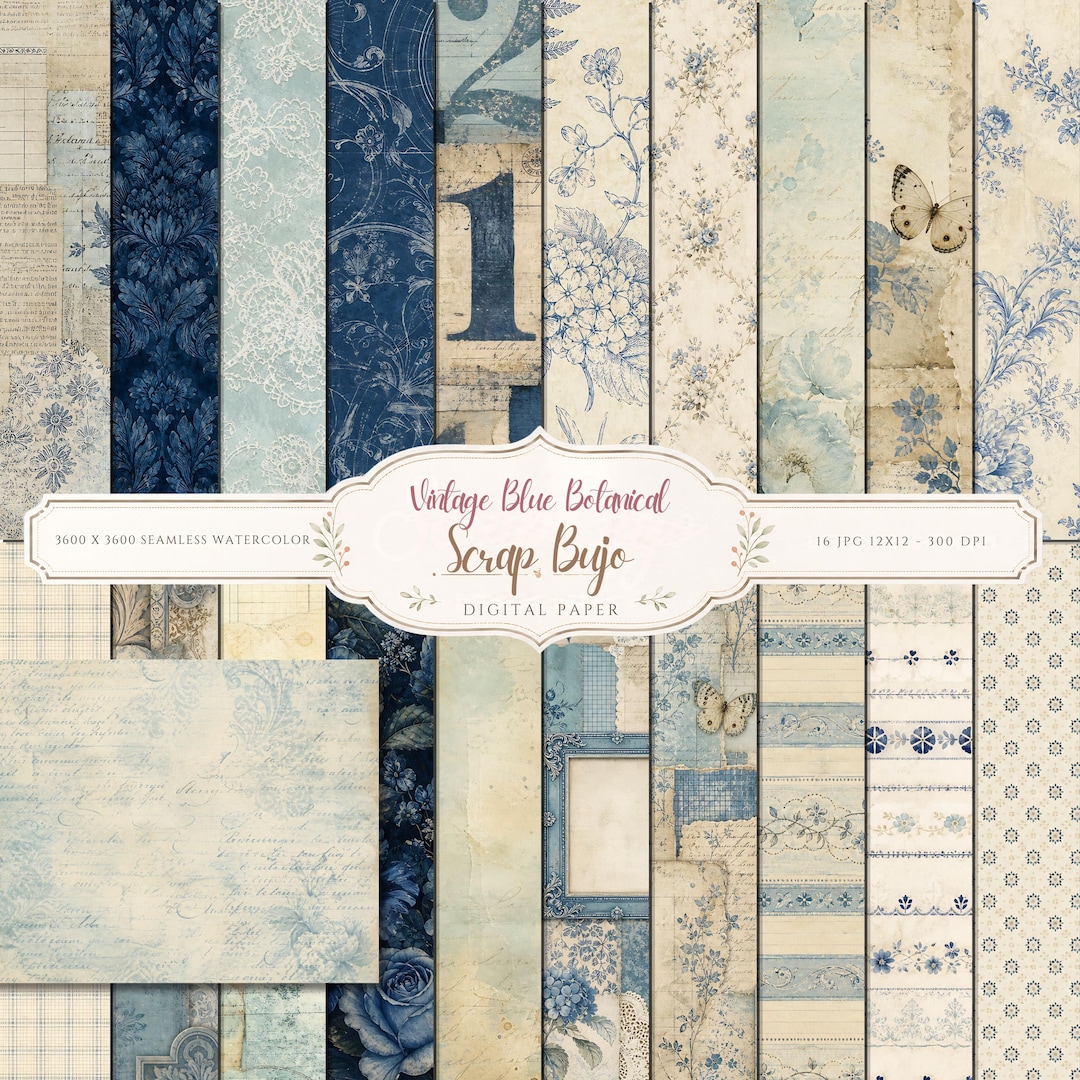 Vintage Blue Botanical Digital Paper Pack, 12×12 Scrapbook Journal Backgrounds (Digital Download)