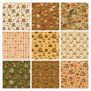 May include: A collection of nine square fabric swatches featuring autumn-themed patterns. Designs include foxes, cottages, pumpkins, mushrooms, pies, and baskets in warm shades of orange, brown, green, and cream with various seasonal motifs.