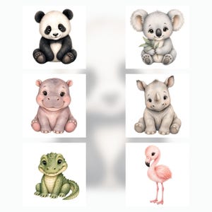 Watercolor Baby Zoo Animals Clipart, Safari Nursery PNG, JPG (Digital Download) preview 3