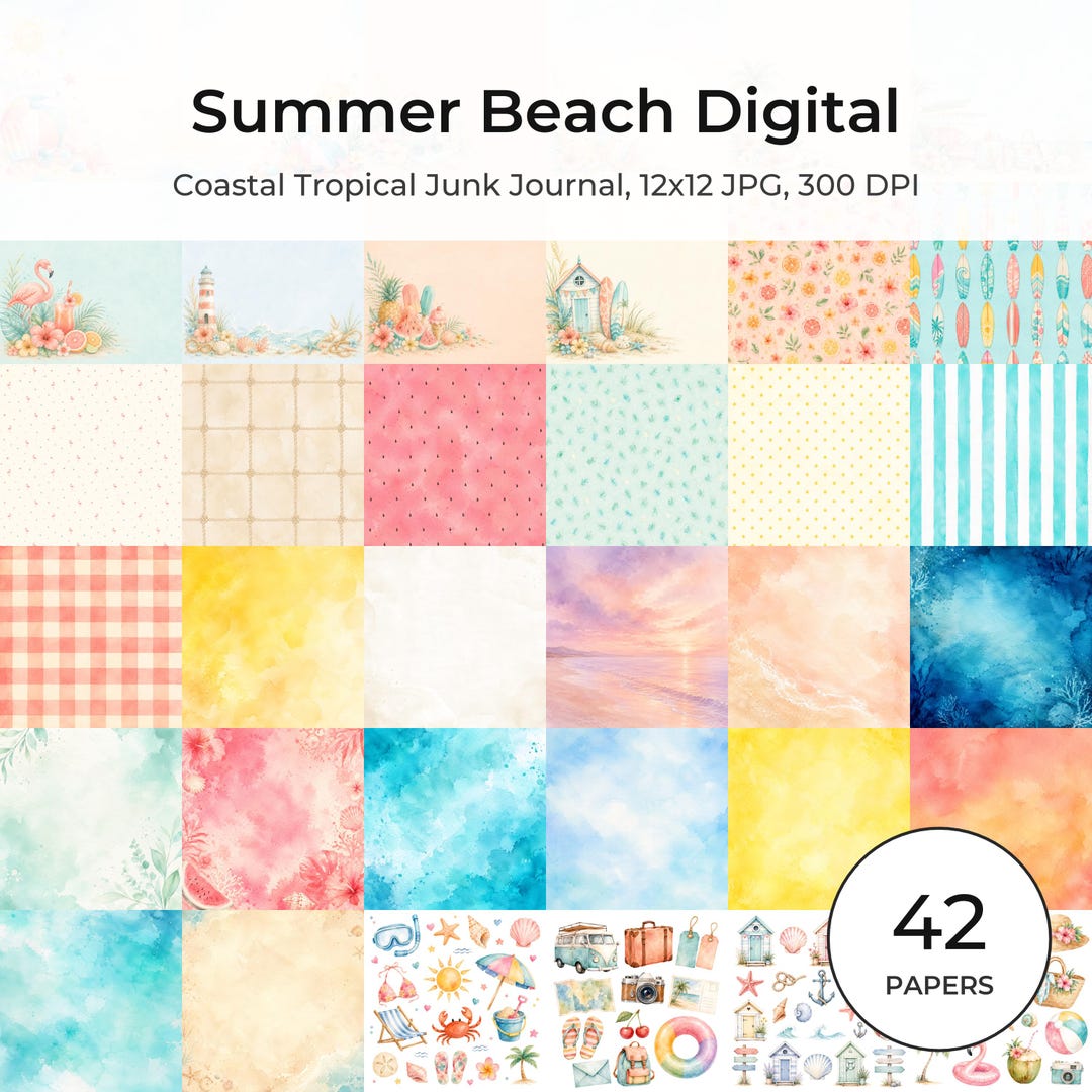 Summer Beach Watercolor Papers, Coastal Tropical Junk Journal (Digital Download)