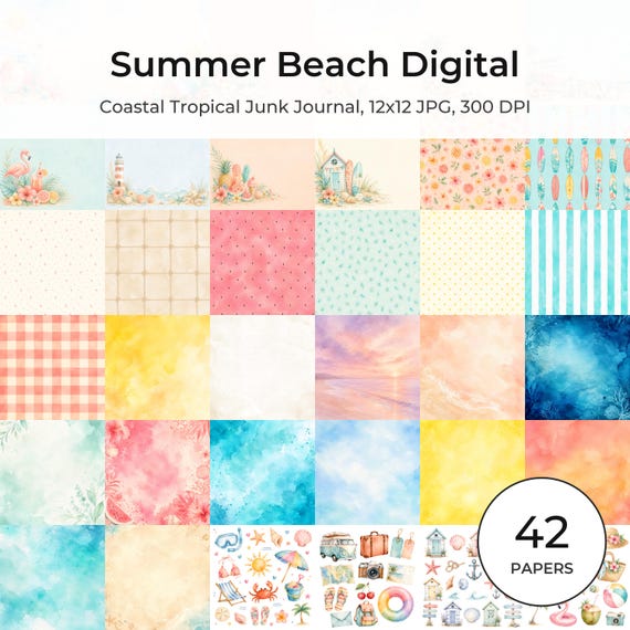 Summer Beach Watercolor Papers, Coastal Tropical Junk Journal (Digital Download)