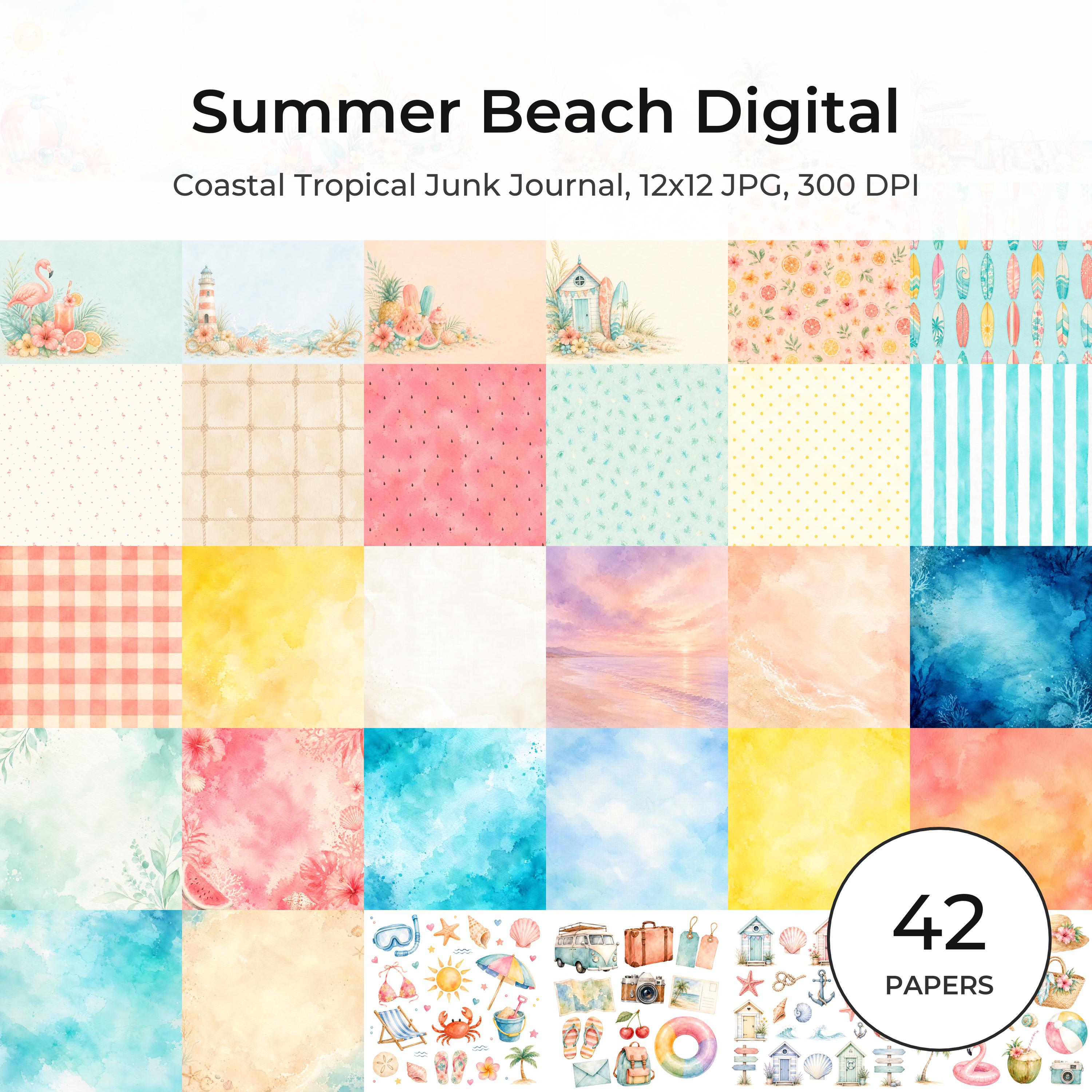 Summer Beach Watercolor Papers, Coastal Tropical Junk Journal