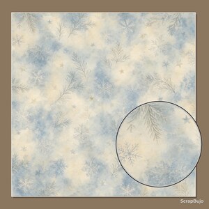 Puede incluir: Una hoja cuadrada de papel digital con un patr&oacute;n estilo acuarela de nubes azul claro y crema, delicadas ramas de pino, copos de nieve intrincados y peque&ntilde;as estrellas. Un recuadro circular muestra una vista ampliada del dise&ntilde;o invernal.