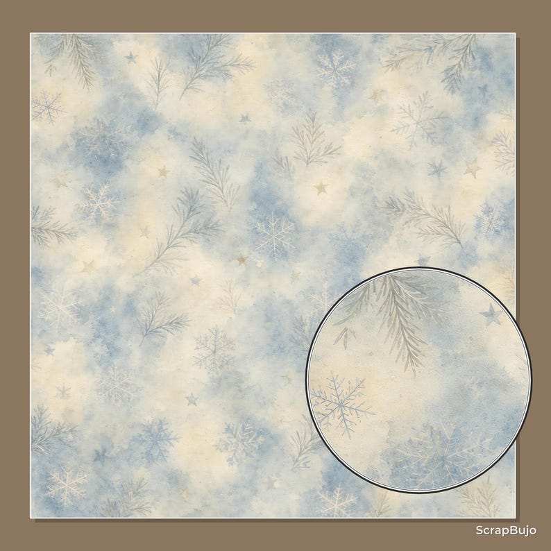 Puede incluir: Una hoja cuadrada de papel digital con un patr&oacute;n estilo acuarela de nubes azul claro y crema, delicadas ramas de pino, copos de nieve intrincados y peque&ntilde;as estrellas. Un recuadro circular muestra una vista ampliada del dise&ntilde;o invernal.