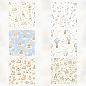 Baby Blue Watercolor Digital Paper Pack, Teddy Bear Bunny Clipart (Digital Download) preview 5