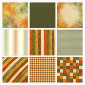 May include: A collection of nine square digital papers featuring autumn-inspired patterns including watercolor washes, vertical stripes, horizontal lines, diagonal stripes, gingham checks, and a multicolored checkerboard in shades of orange, green, and brown.