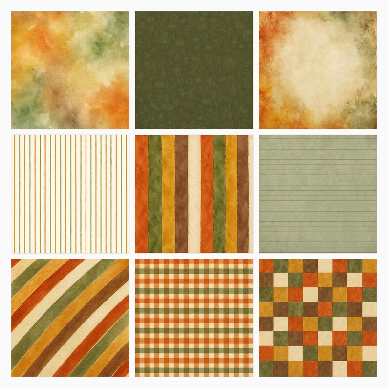 May include: A collection of nine square digital papers featuring autumn-inspired patterns including watercolor washes, vertical stripes, horizontal lines, diagonal stripes, gingham checks, and a multicolored checkerboard in shades of orange, green, and brown.