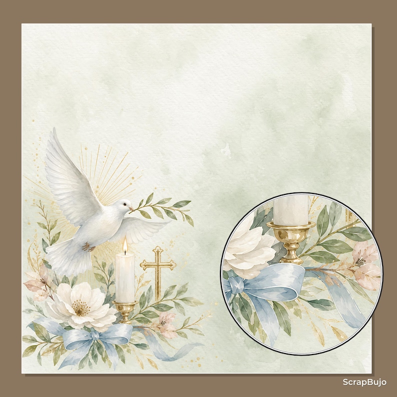 Akvarell dop, första nattvard, scrapbookpapper, religiösa blommiga duvljusdesigner (12x12 JPG) bild 10