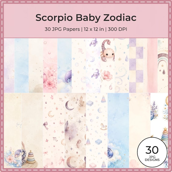 Scorpio Baby Zodiac Watercolor Papers, Celestial Nursery Scrapbook Pack (Digital Download)